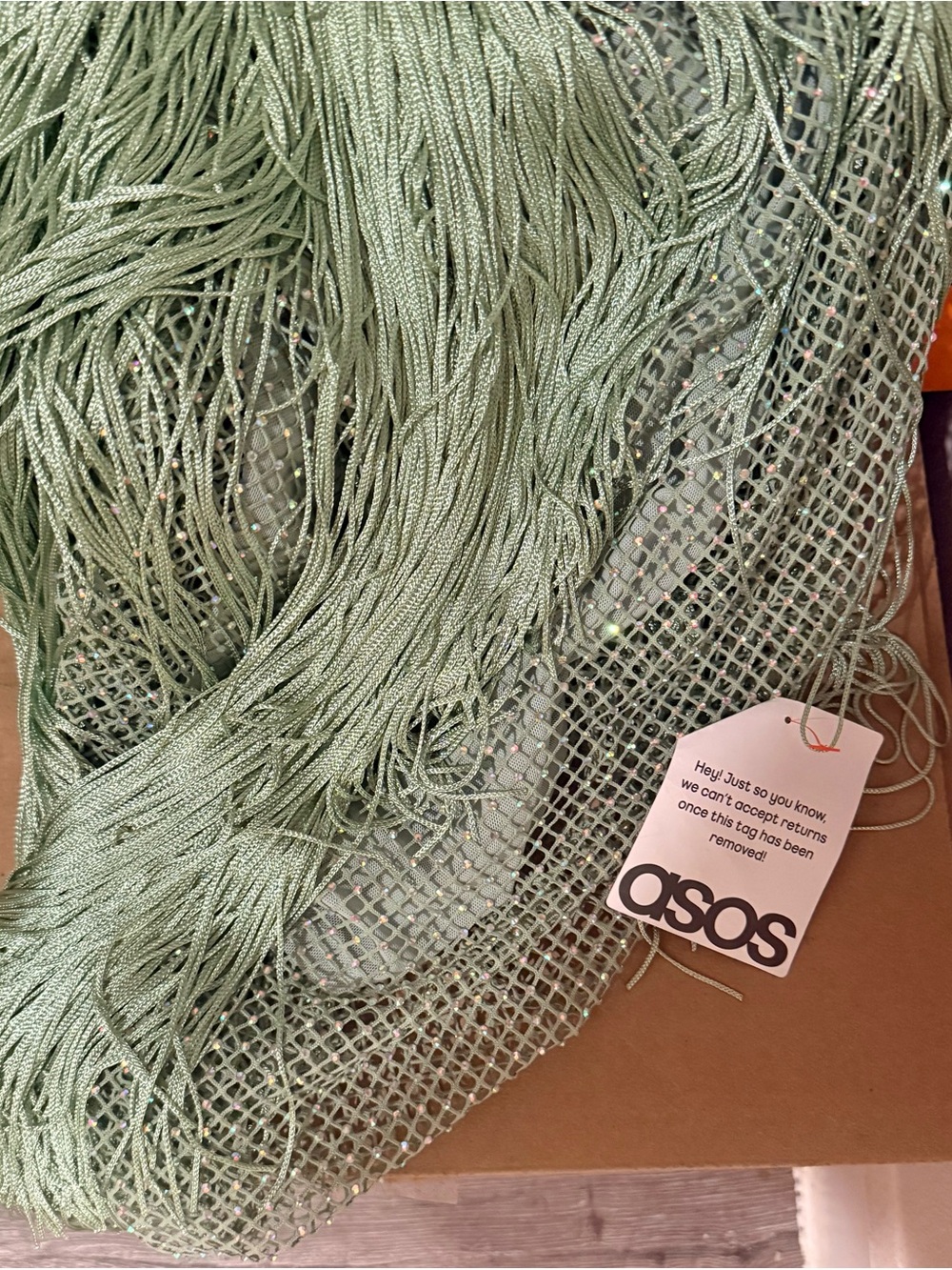 ASOS Fishnet Hotfix Embelished Green Fringe Cowl-Neck Maxi Dress - Picture 10 of 15
